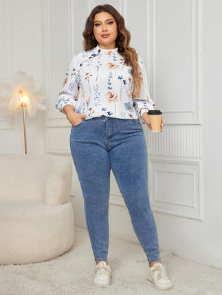 Women's Plus Size Boho Floral Print Stand-up Collar Long Sleeve Blouse Tops