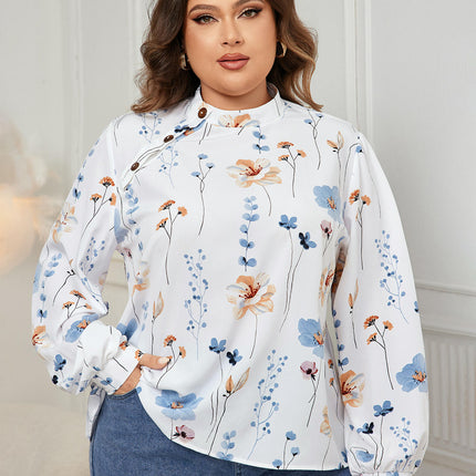 Women's Plus Size Boho Floral Print Stand-up Collar Long Sleeve Blouse Tops