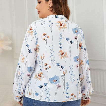 Women's Plus Size Boho Floral Print Stand-up Collar Long Sleeve Blouse Tops