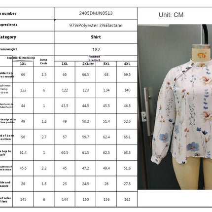 Women's Plus Size Boho Floral Print Stand-up Collar Long Sleeve Blouse Tops