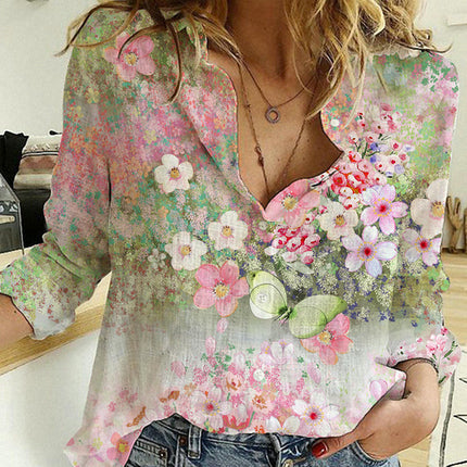 Women's Fashion Gradient Floral Print Shirt Loose Long Sleeve Button Shirt