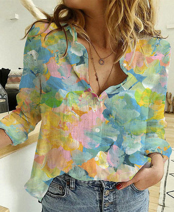 Women's Fashion Gradient Floral Print Shirt Loose Long Sleeve Button Shirt