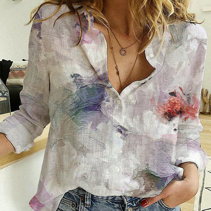 Women's Fashion Gradient Floral Print Shirt Loose Long Sleeve Button Shirt