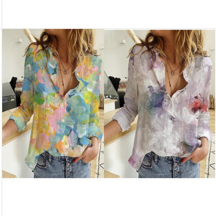 Women's Fashion Gradient Floral Print Shirt Loose Long Sleeve Button Shirt