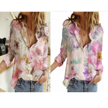 Women's Fashion Gradient Floral Print Shirt Loose Long Sleeve Button Shirt