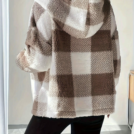 Women's Plaid Plush Jacket Zip-Front Hooded Cardigan Sherpa Coat Warm Coat