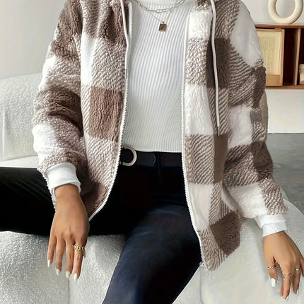 Women's Plaid Plush Jacket Zip-Front Hooded Cardigan Sherpa Coat Warm Coat