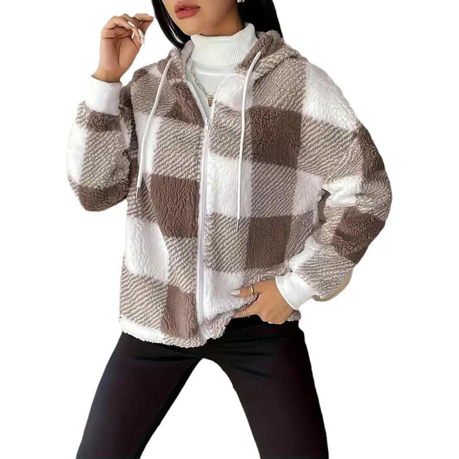 Women's Plaid Plush Jacket Zip-Front Hooded Cardigan Sherpa Coat Warm Coat