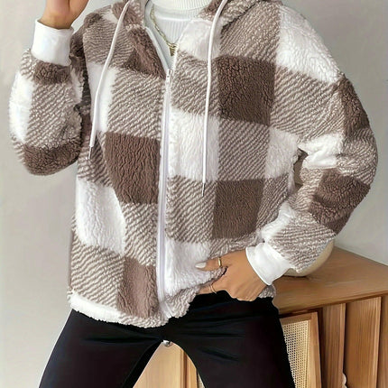 Women's Plaid Plush Jacket Zip-Front Hooded Cardigan Sherpa Coat Warm Coat
