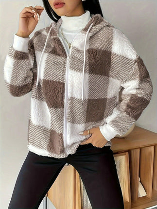 Women's Plaid Plush Jacket Zip-Front Hooded Cardigan Sherpa Coat Warm Coat