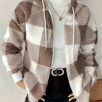 Women's Plaid Plush Jacket Zip-Front Hooded Cardigan Sherpa Coat Warm Coat