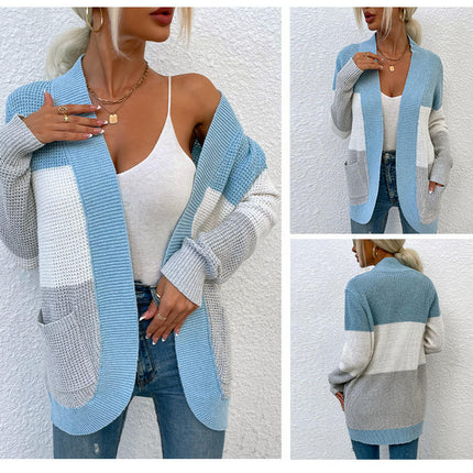 Women's Arc Large Pocket Casual Knit Sweater Contrast Color Cardigan Jacket