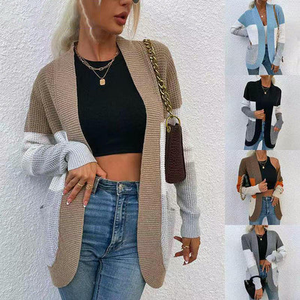 Women's Arc Large Pocket Casual Knit Sweater Contrast Color Cardigan Jacket