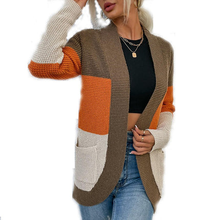 Women's Arc Large Pocket Casual Knit Sweater Contrast Color Cardigan Jacket