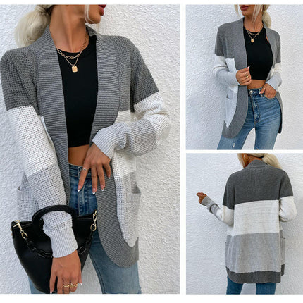 Women's Arc Large Pocket Casual Knit Sweater Contrast Color Cardigan Jacket