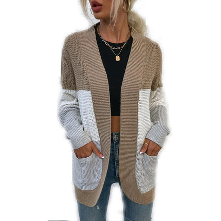 Women's Arc Large Pocket Casual Knit Sweater Contrast Color Cardigan Jacket
