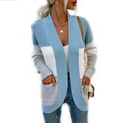 Women's Arc Large Pocket Casual Knit Sweater Contrast Color Cardigan Jacket