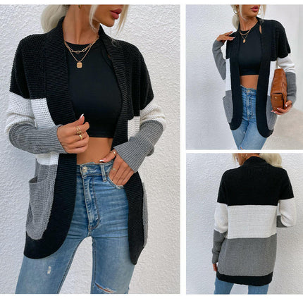 Women's Arc Large Pocket Casual Knit Sweater Contrast Color Cardigan Jacket