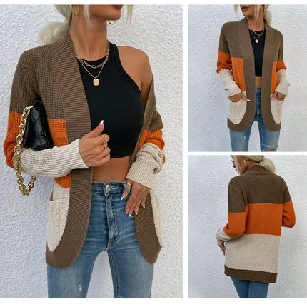 Women's Arc Large Pocket Casual Knit Sweater Contrast Color Cardigan Jacket