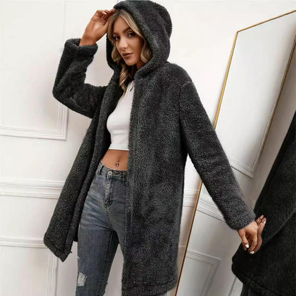 Women Hooded Cardigan Fuzzy Jacket Winter Open Front Fleece Coat Outwear