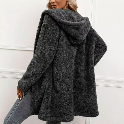 Women Hooded Cardigan Fuzzy Jacket Winter Open Front Fleece Coat Outwear