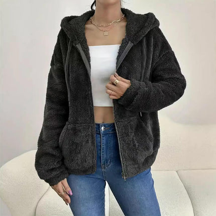 Women Hooded Cardigan Fuzzy Jacket Winter Open Front Fleece Coat Outwear with Pockets