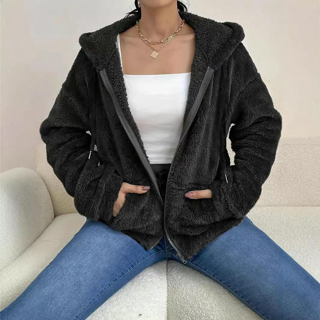 Women Hooded Cardigan Fuzzy Jacket Winter Open Front Fleece Coat Outwear with Pockets
