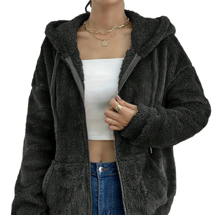 Women Hooded Cardigan Fuzzy Jacket Winter Open Front Fleece Coat Outwear with Pockets