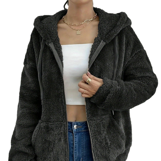 Women Hooded Cardigan Fuzzy Jacket Winter Open Front Fleece Coat Outwear with Pockets