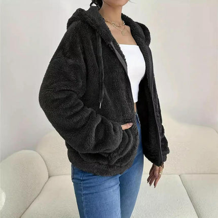 Women Hooded Cardigan Fuzzy Jacket Winter Open Front Fleece Coat Outwear with Pockets