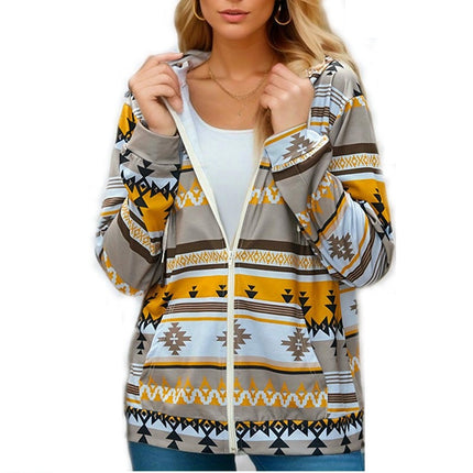 Women's Spring Thin Long Sleeve Hooded Zipper Printed Sweater Cardigan Jacket with Pockets