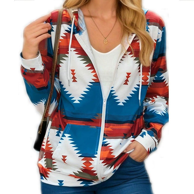 Women's Spring Thin Long Sleeve Hooded Zipper Printed Sweater Cardigan Jacket with Pockets