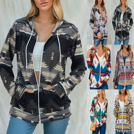 Women's Spring Thin Long Sleeve Hooded Zipper Printed Sweater Cardigan Jacket with Pockets