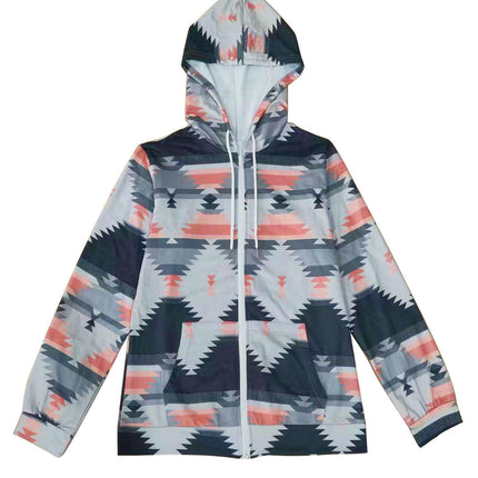 Women's Spring Thin Long Sleeve Hooded Zipper Printed Sweater Cardigan Jacket with Pockets
