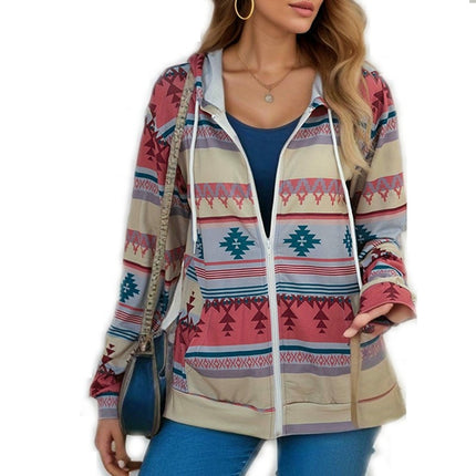 Women's Spring Thin Long Sleeve Hooded Zipper Printed Sweater Cardigan Jacket with Pockets