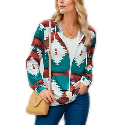 Women's Spring Thin Long Sleeve Hooded Zipper Printed Sweater Cardigan Jacket with Pockets