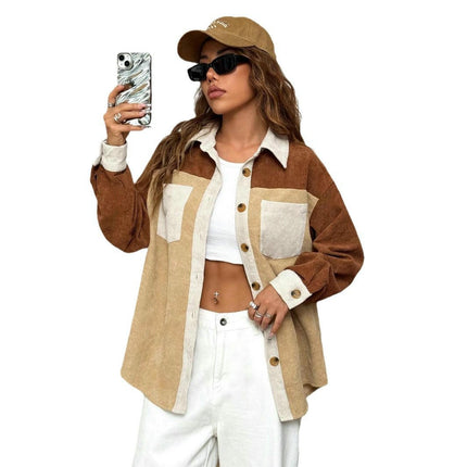 Women's Color Block Corduroy Shirts Long Sleeve Button Down Boyfriend Blouses Tops