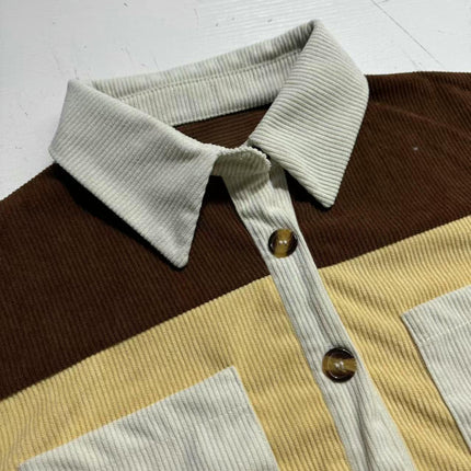 Women's Color Block Corduroy Shirts Long Sleeve Button Down Boyfriend Blouses Tops