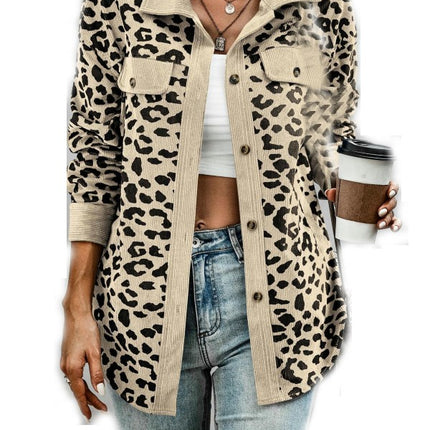 Women Corduroy Leopard Jacket Button Down Long Sleeve Blouses Lightweight Fall Jacket
