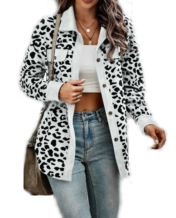 Women Corduroy Leopard Jacket Button Down Long Sleeve Blouses Lightweight Fall Jacket