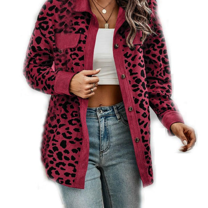 Women Corduroy Leopard Jacket Button Down Long Sleeve Blouses Lightweight Fall Jacket