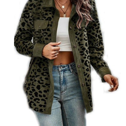 Women Corduroy Leopard Jacket Button Down Long Sleeve Blouses Lightweight Fall Jacket