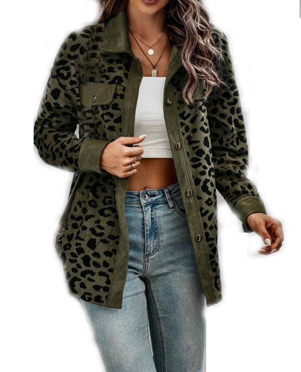 Women Corduroy Leopard Jacket Button Down Long Sleeve Blouses Lightweight Fall Jacket