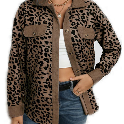 Women Corduroy Leopard Jacket Button Down Long Sleeve Blouses Lightweight Fall Jacket