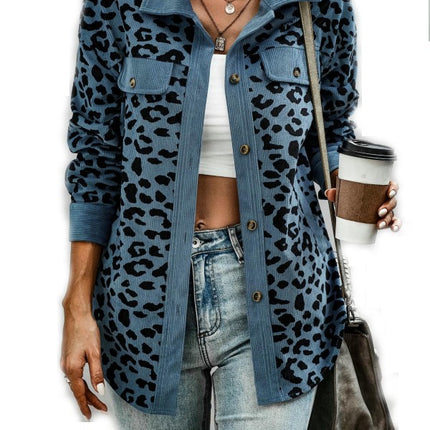 Women Corduroy Leopard Jacket Button Down Long Sleeve Blouses Lightweight Fall Jacket