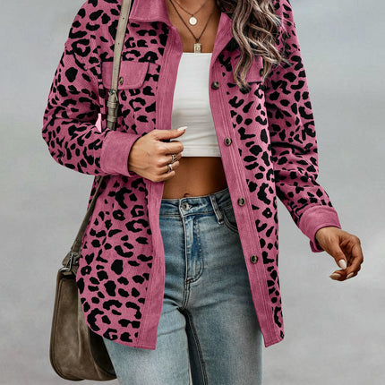 Women Corduroy Leopard Jacket Button Down Long Sleeve Blouses Lightweight Fall Jacket