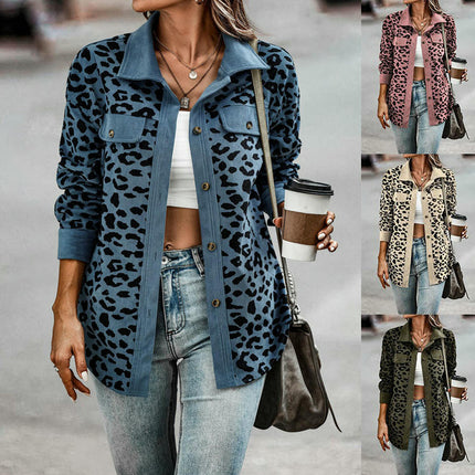 Women Corduroy Leopard Jacket Button Down Long Sleeve Blouses Lightweight Fall Jacket