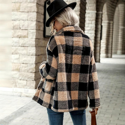 Women's Plaid Casual Jacket Sherpa Winter Jacket Loose Fit Button-Up Plush Coat