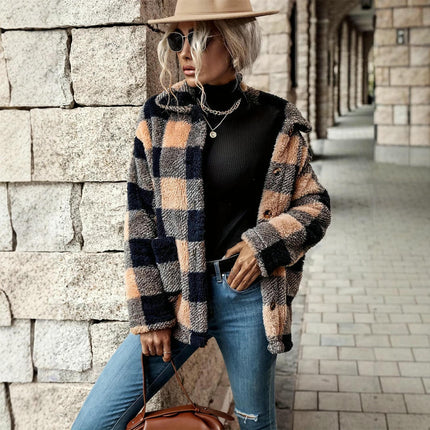 Women's Plaid Casual Jacket Sherpa Winter Jacket Loose Fit Button-Up Plush Coat