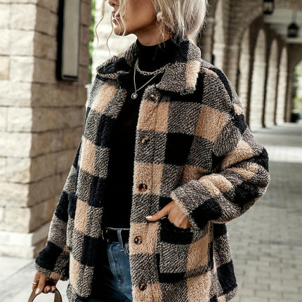 Women's Plaid Casual Jacket Sherpa Winter Jacket Loose Fit Button-Up Plush Coat